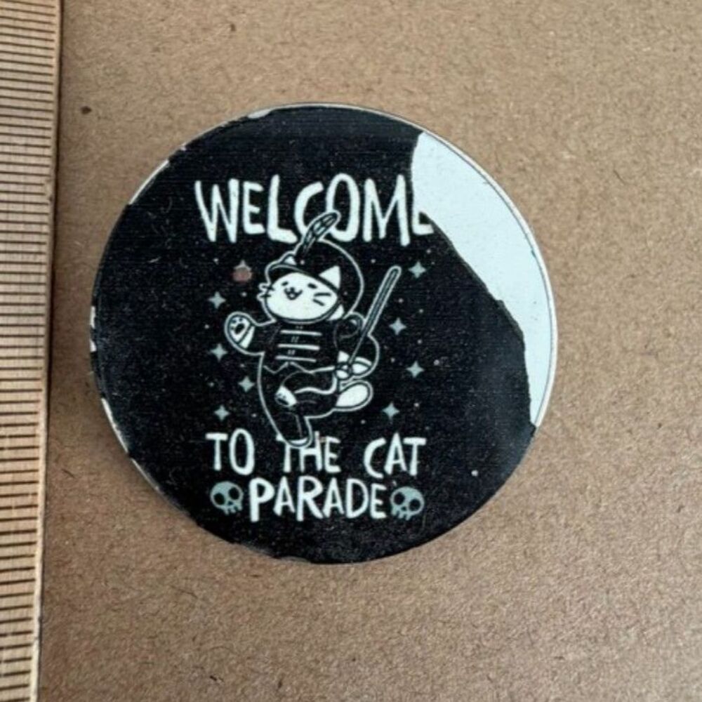 Cat "welcome to the cat parade" MCR black and white pin with cat graphic